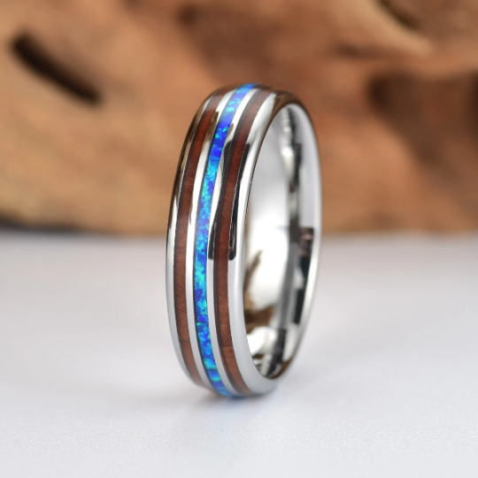 Grey Tungsten Koa Wood Blue Opal Women's Wedding Band 4MM - Rings By Pristine 