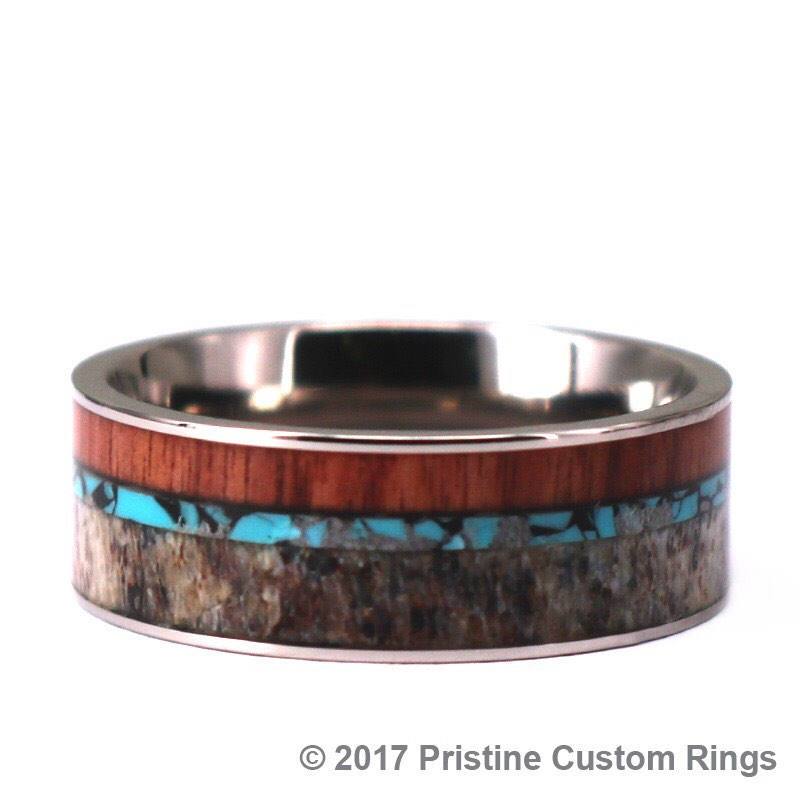Silver Titanium Ring - Antler Koa Wood & Crushed Turquise Inlay - Rings By Pristine