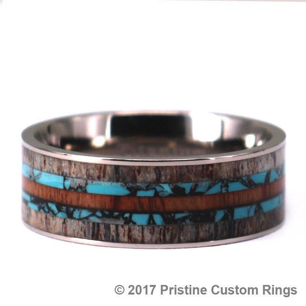 Silver Titanium Ring - Exotic Antler Turquoise Koa Wood - Rings By Pristine