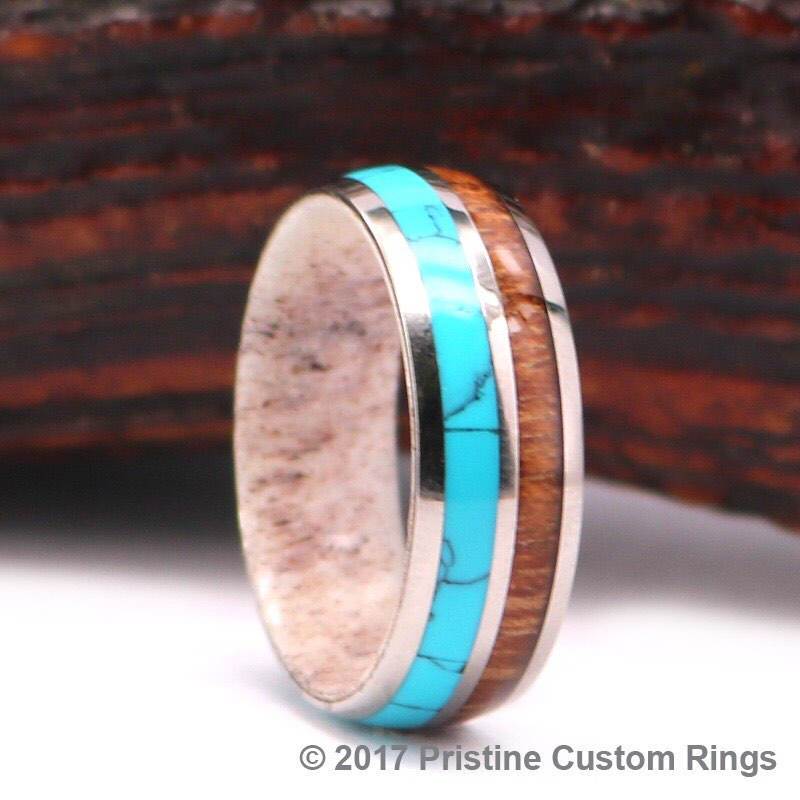 Silver Titanium Ring - Exotic Antler Turquoise Koa Wood - Rings By Pristine