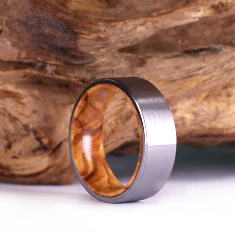 Silver Titanium Ring = Exotic Olive Wood - Rings By Pristine