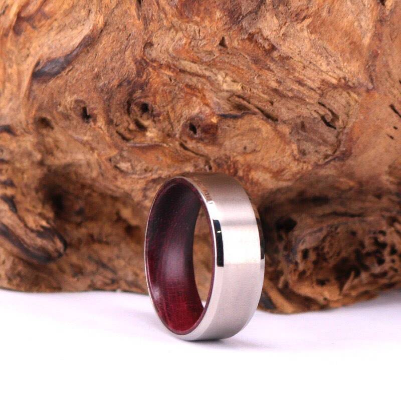 Silver Titanium Wedding Ring - Exotic Purple Heart Wood - Rings By Pristine