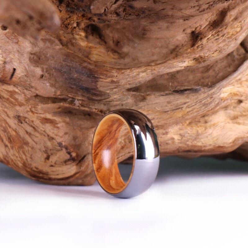 Silver Tungsten Ring - Exotic Olive Wood - Rings By Pristine