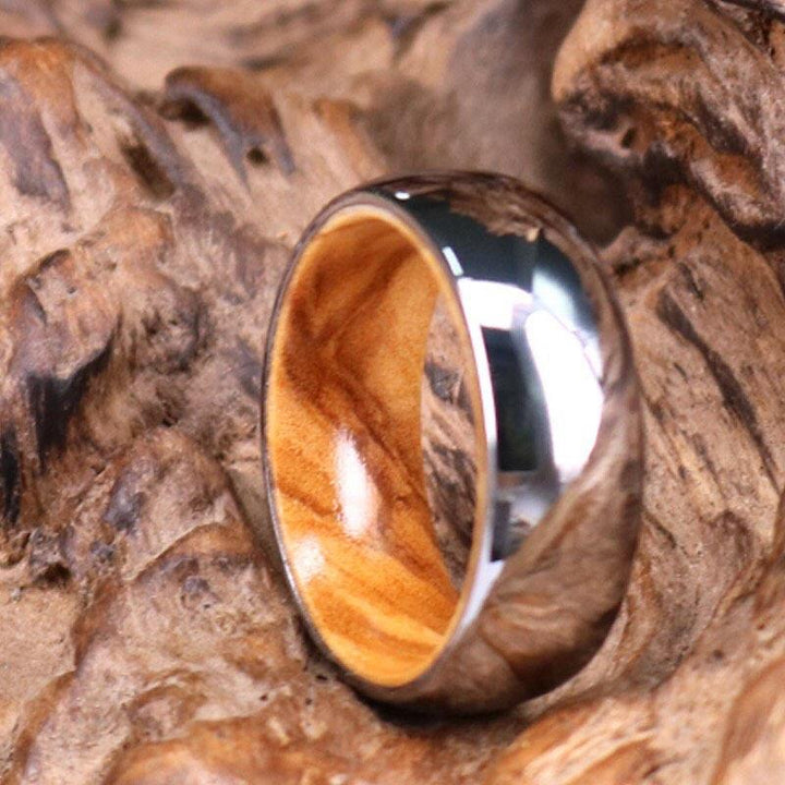 Silver Tungsten Ring - Exotic Olive Wood - Rings By Pristine