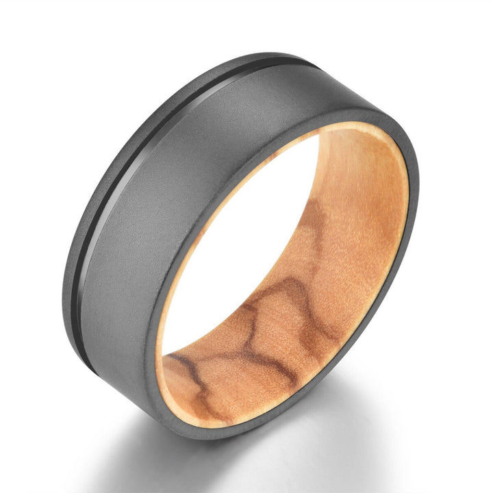 Titanium Ring | Olive Wood Ring | Mens Wedding Band | Wood Wedding Ring | Mens Wood Band | Gunmetal Grey | Sandblasted | Wedding Band - Rings By Pristine