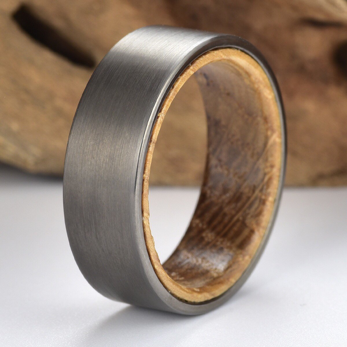 Whiskey Barrel Wood Mens Wedding Ring Gun Metal Grey Tungsten Comfort