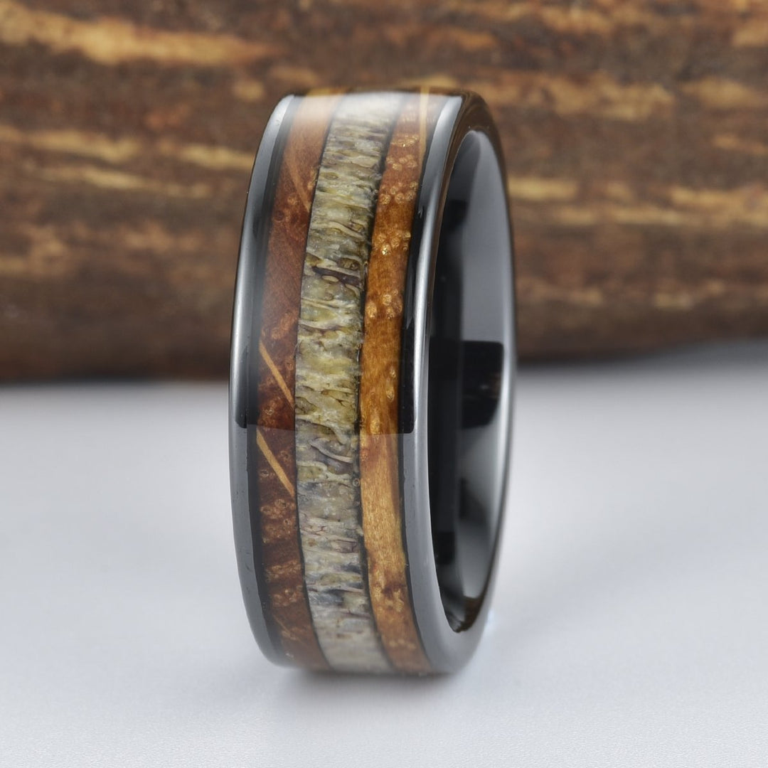 Whisky Barrel Antler Wood Black Ceramic Men's Wedding Band 8MM - Rings By Pristine