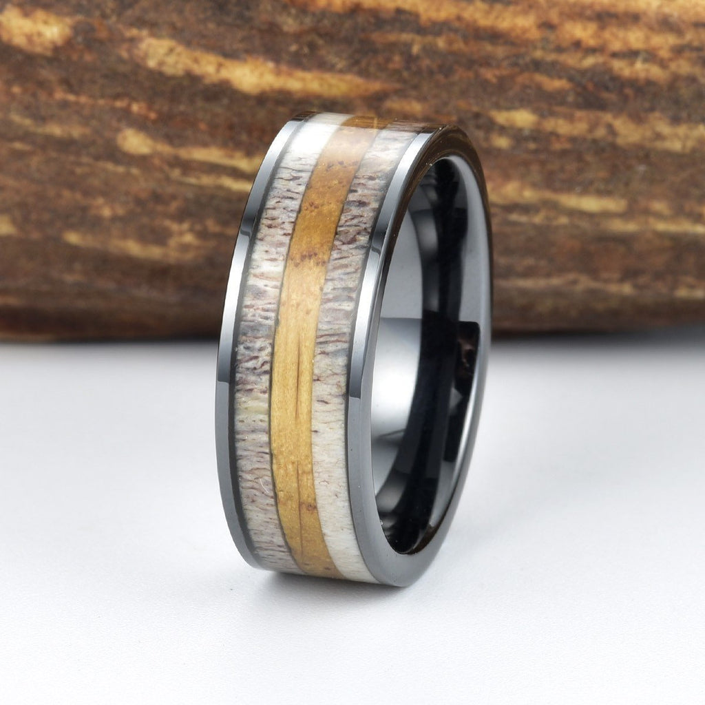 Whisky Barrel Band Antler Ring Black Ceramic Ring Bourban Barrel Ring Mens Wood Wedding Ring Mens Wedding band White Oak Wooden Inlay Band - Rings By Pristine