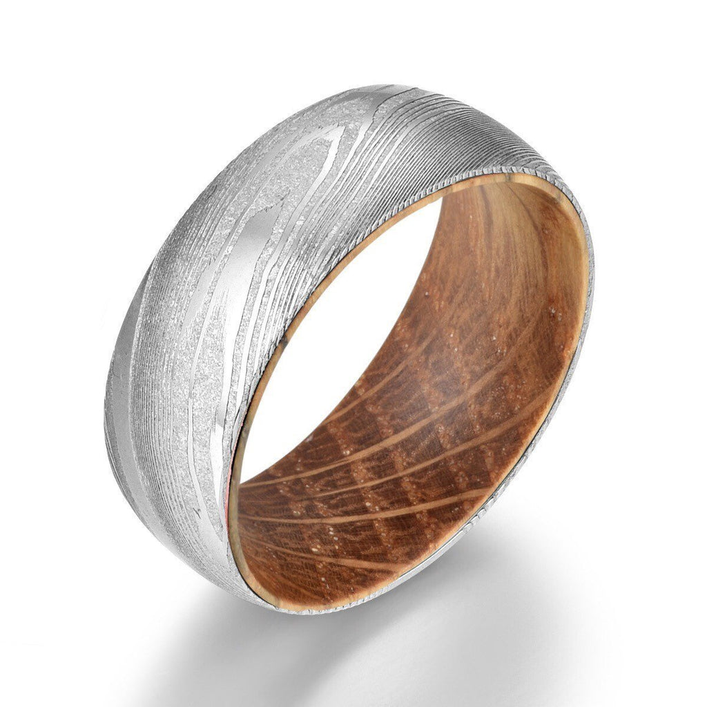 Whisky Barrel Wood Mens Wedding Ring Twist Damascus Steel Mens Ring Bourbon Whisky Barell Wood Ring Comfort Fit Wooden Rings By Pristine - Rings By Pristine