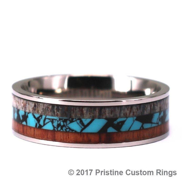 White Titanium Ring - Antler Koa Wood & Crushed Turquoise - Rings By Pristine