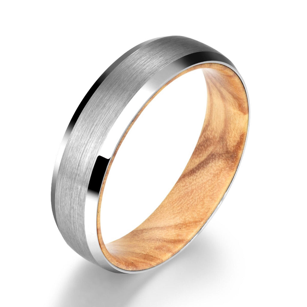 White Tungsten Ring - Exotic Olive Wood 10 / 6mm