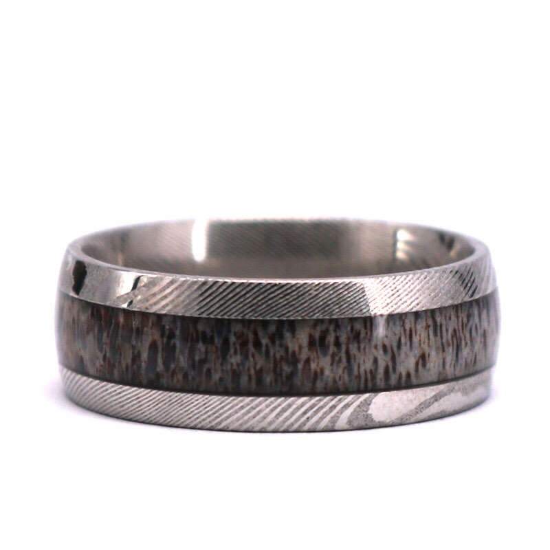 Wood Grain Damascus Steel Wedding Ring - Exotic Antler | Rings By Pristine