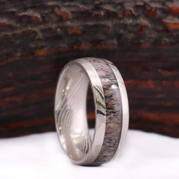 Wood Grain Damascus Steel Wedding Ring - Exotic Antler - Rings By Pristine