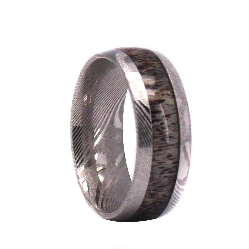 Wood Grain Damascus Steel Wedding Ring - Exotic Antler | Rings By Pristine