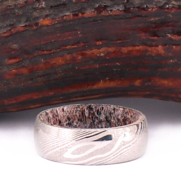 Wood Grained Damascus Steel Wedding Ring - Exotic Antler - Rings By Pristine
